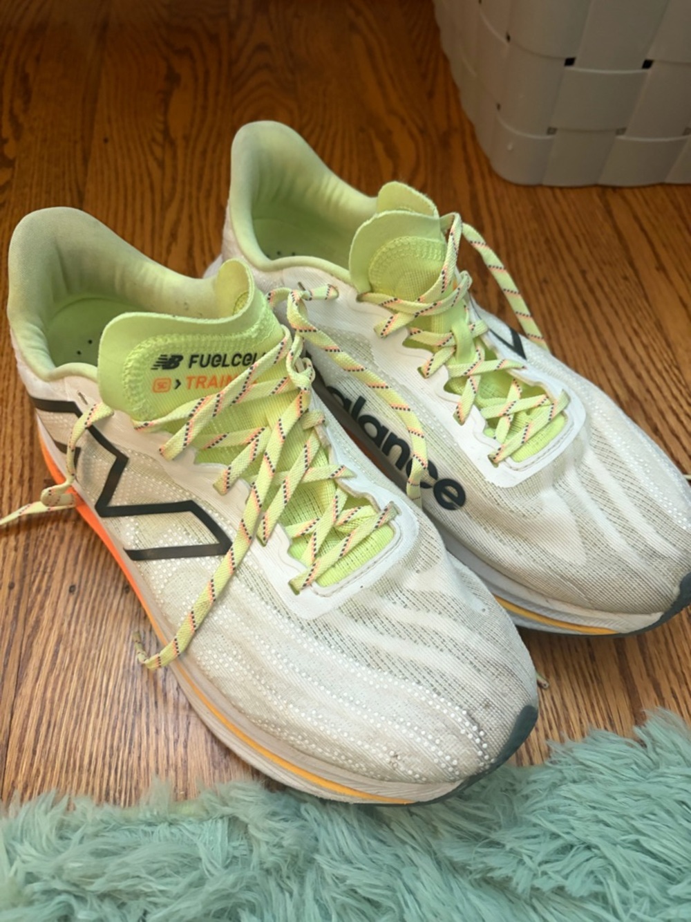 New Balance White with Neon Yellow & Orange Running Sneakers